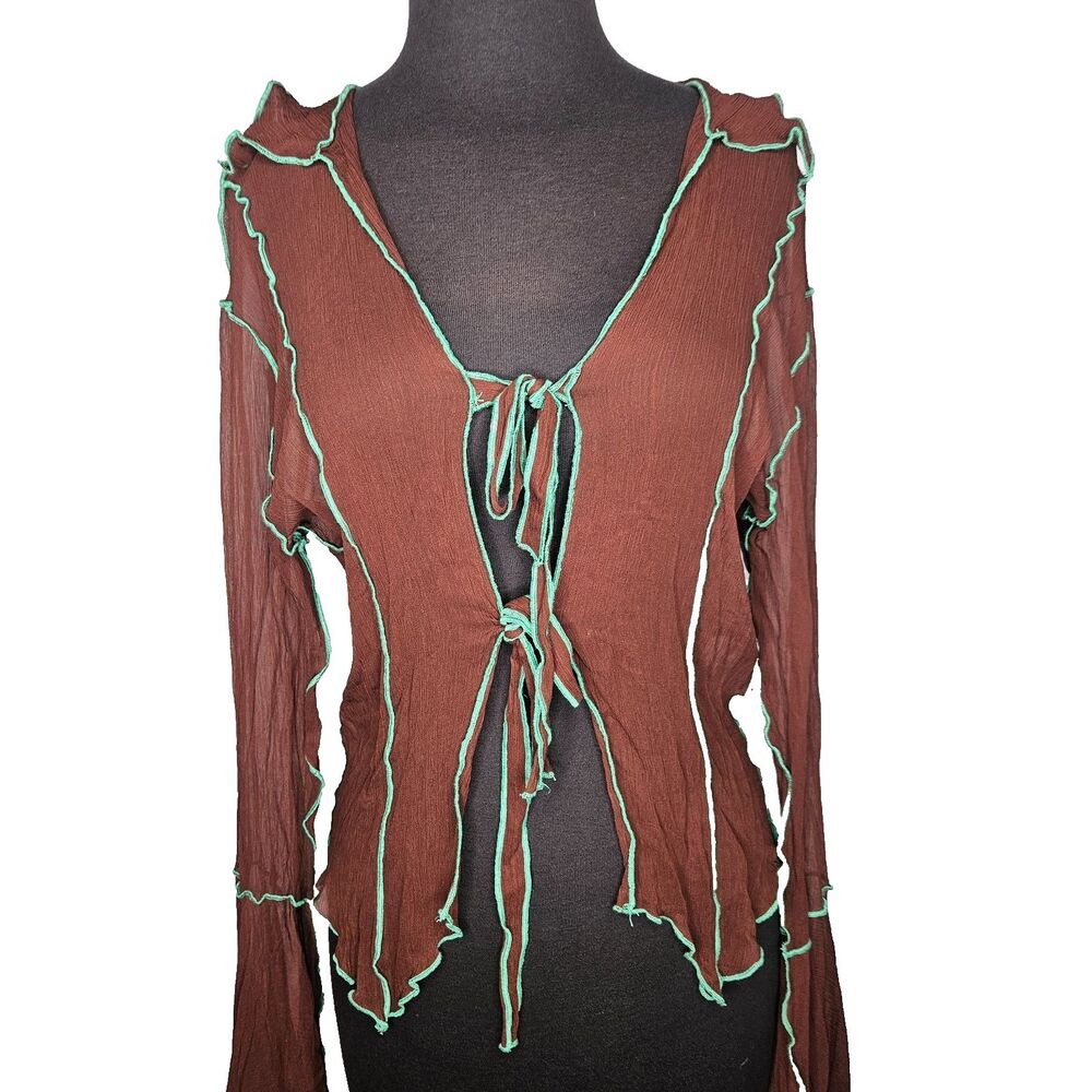 SIEDRES Zee Fluted Sleeve Tie Front Shirt 38 Medium Brown Green Sheer Fairy $350